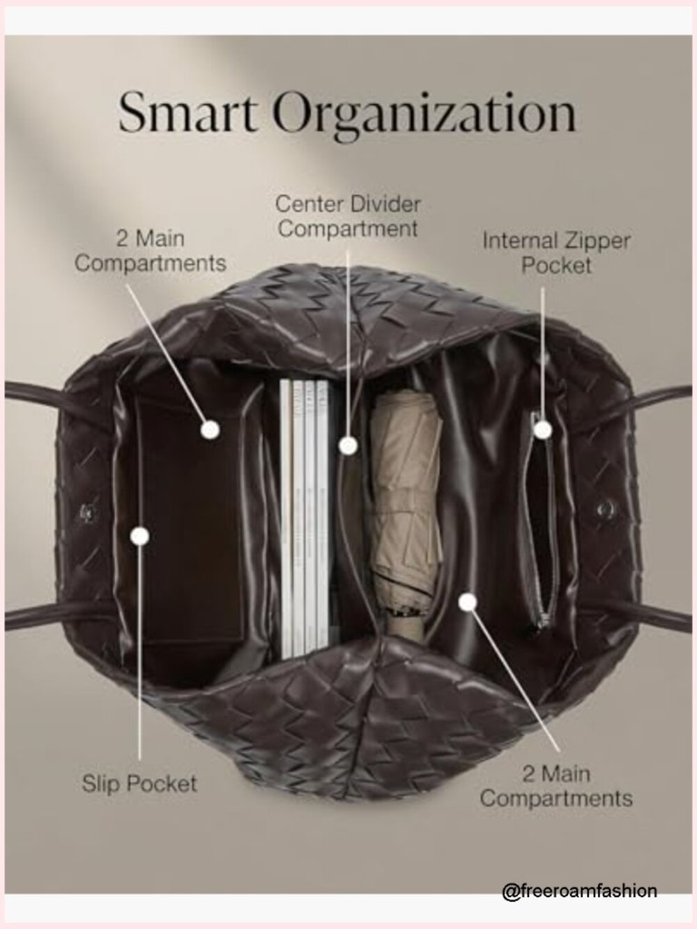 Vegan Leather Woven Tote Bag with Magnetic Snap Closure for Work Travel - Picture 5 of 6